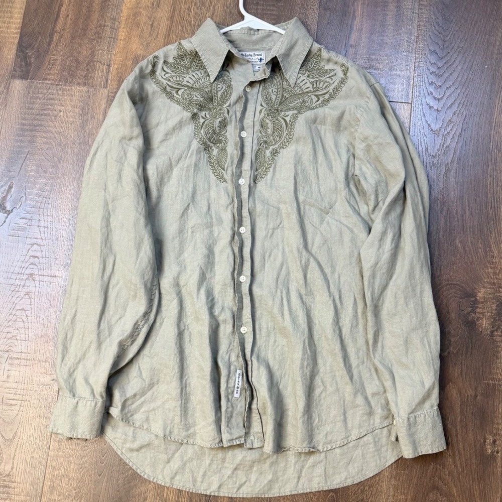 Vintage Y2K Lucky Brand Men's L Green Linen Embroidered Western Button Up Shirt
